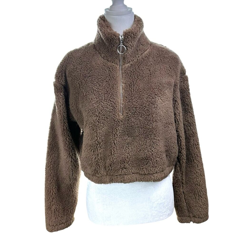 Timing Teddy Bear Cropped Fleece 1/4 Zip Jacket Brown Size Small